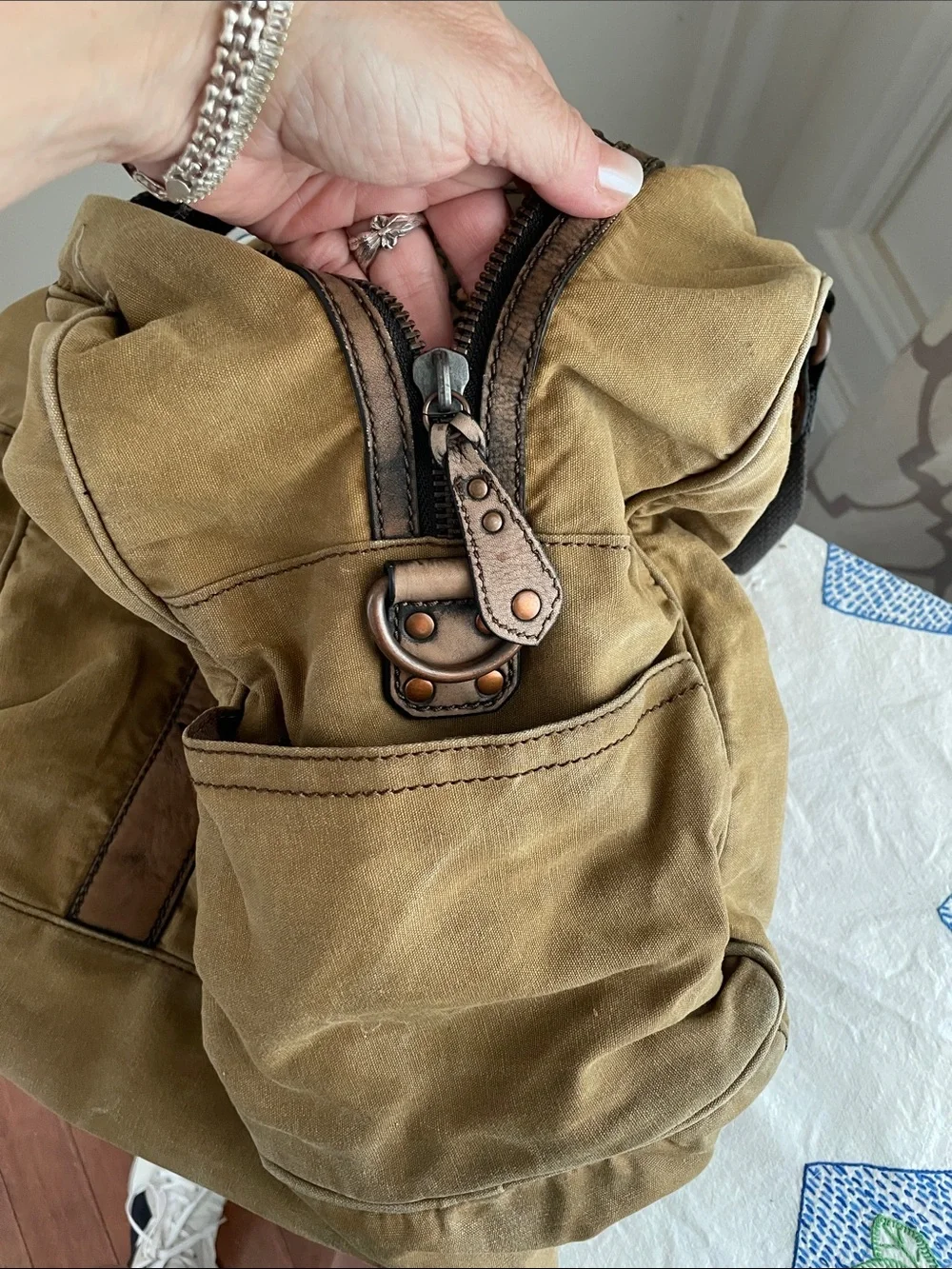 Black Rivet Vintage Inspired Brown Canvas Duffel with Brown Leather Trim